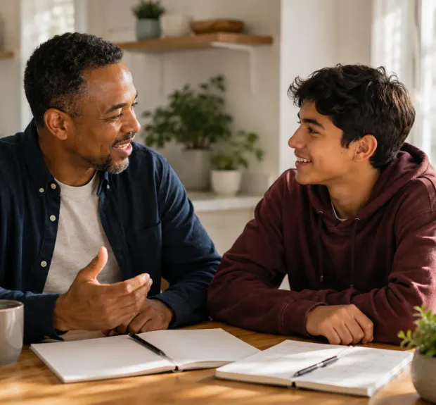 An adult and teenager talking together over an open notebook