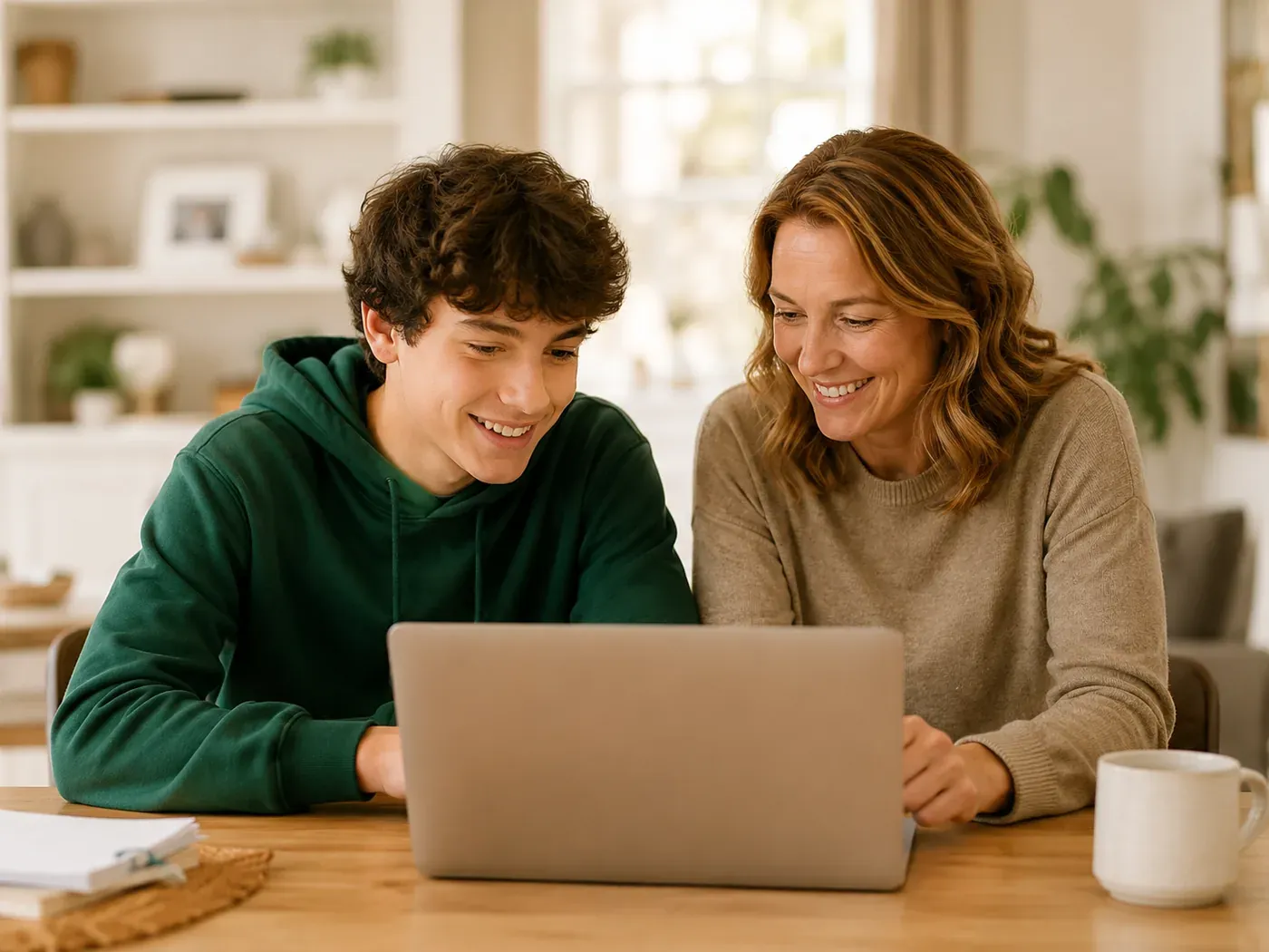 A parent and teenager talking together over a laptop