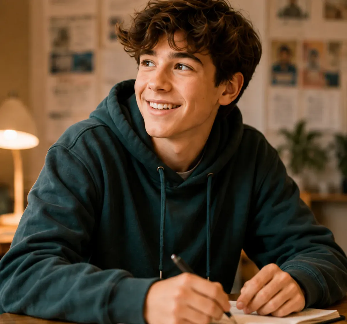 A teenager writing in a notebook at a desk in a warm, lamp-lit room
