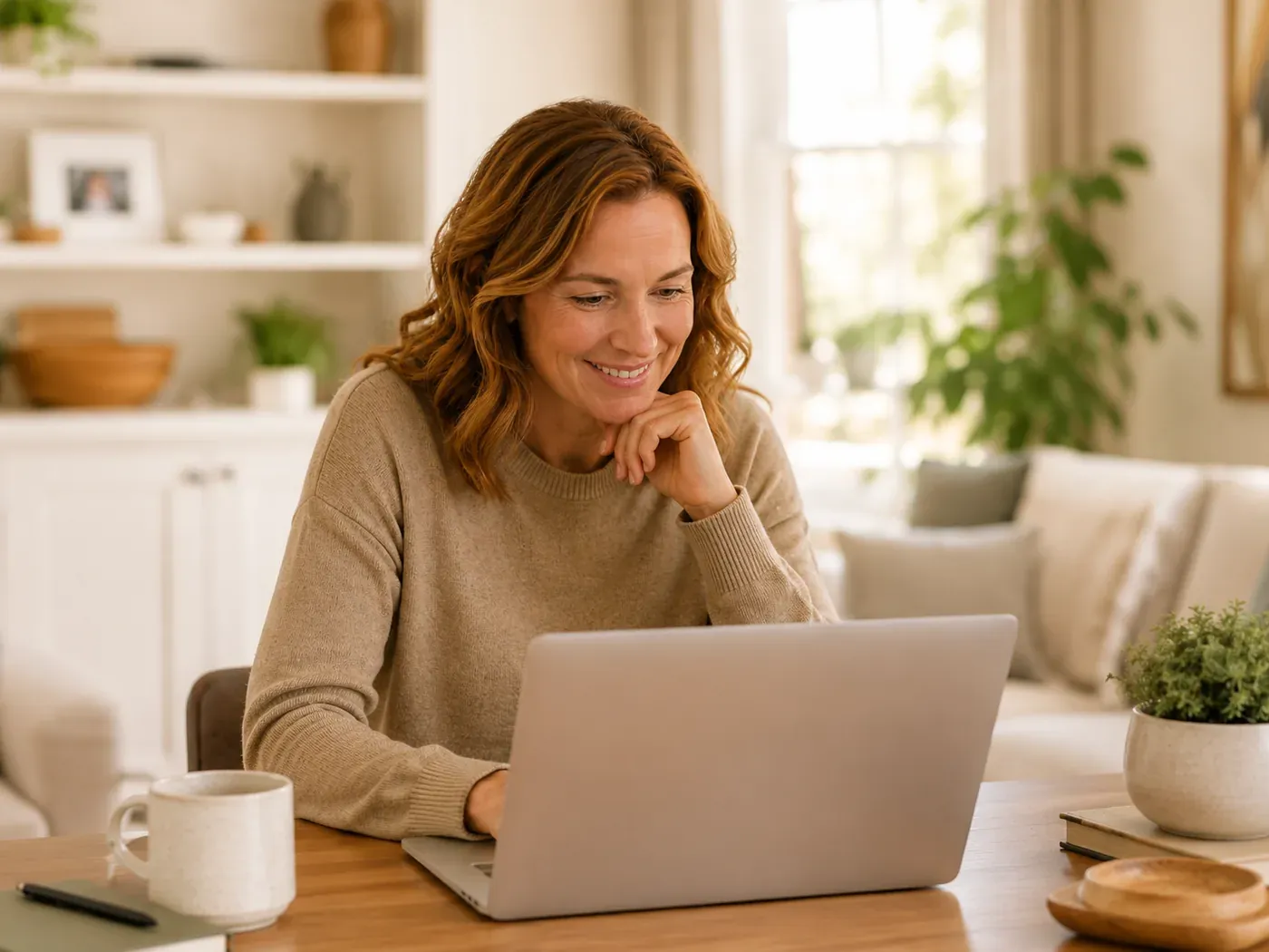 A parent looking at a laptop and staying connected to their teen’s work