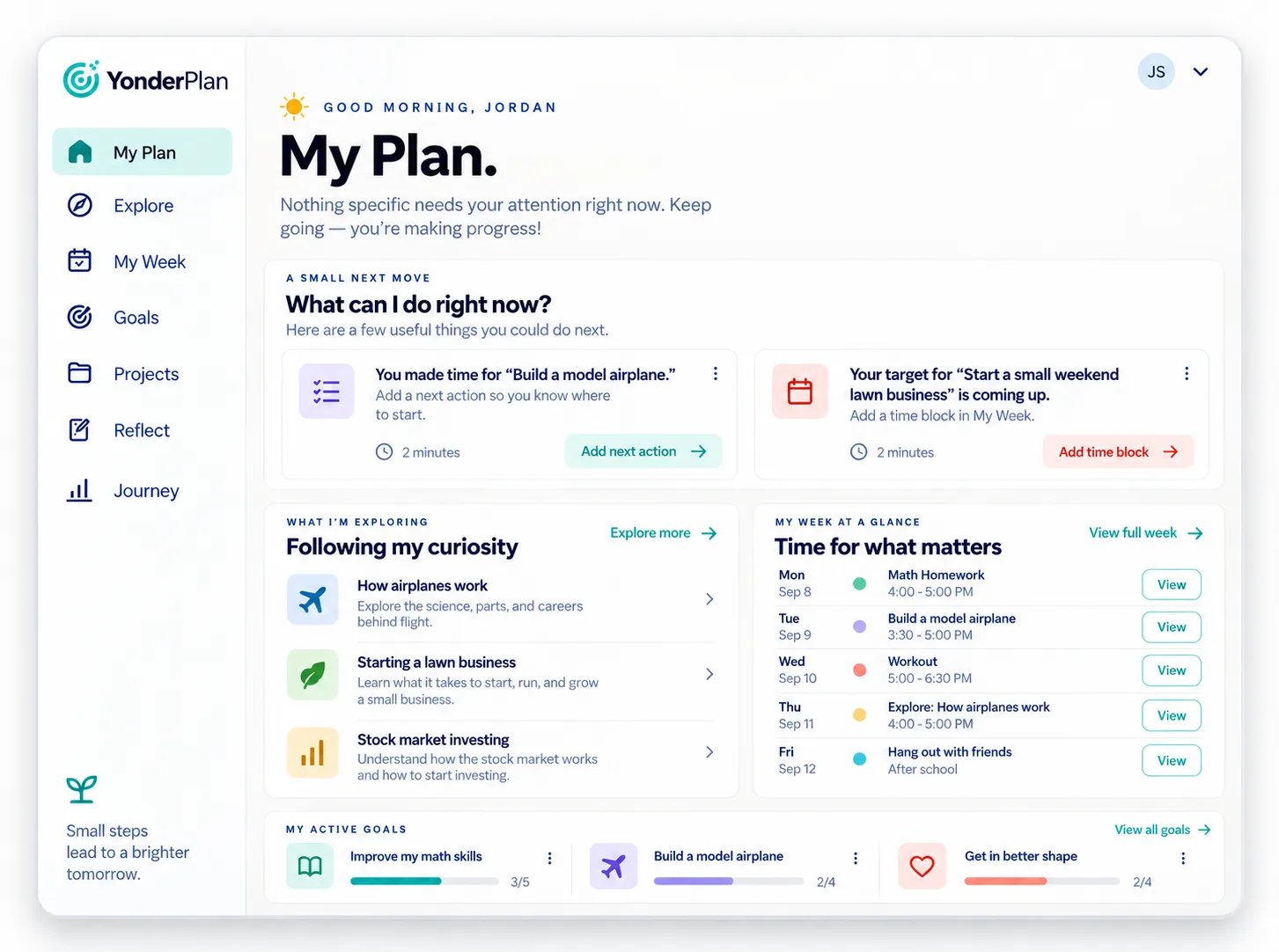 Yonder Plan workspace showing explorations, a weekly plan, and active goals