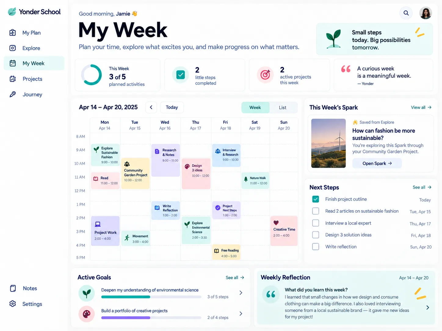 Yonder Plan My Week screen showing a weekly calendar, a Spark, next steps, and active Projects